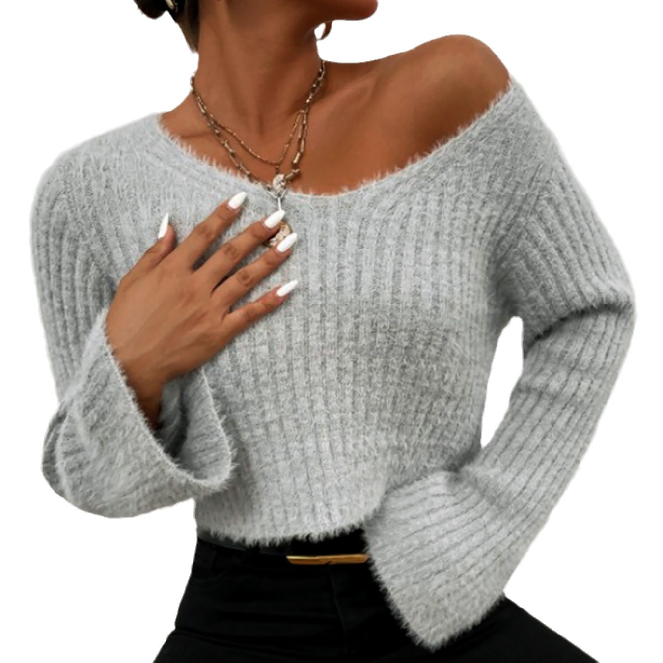 Knit V-Neck Cropped Long Sleeve Sweater - European & American Style SSU-00009
