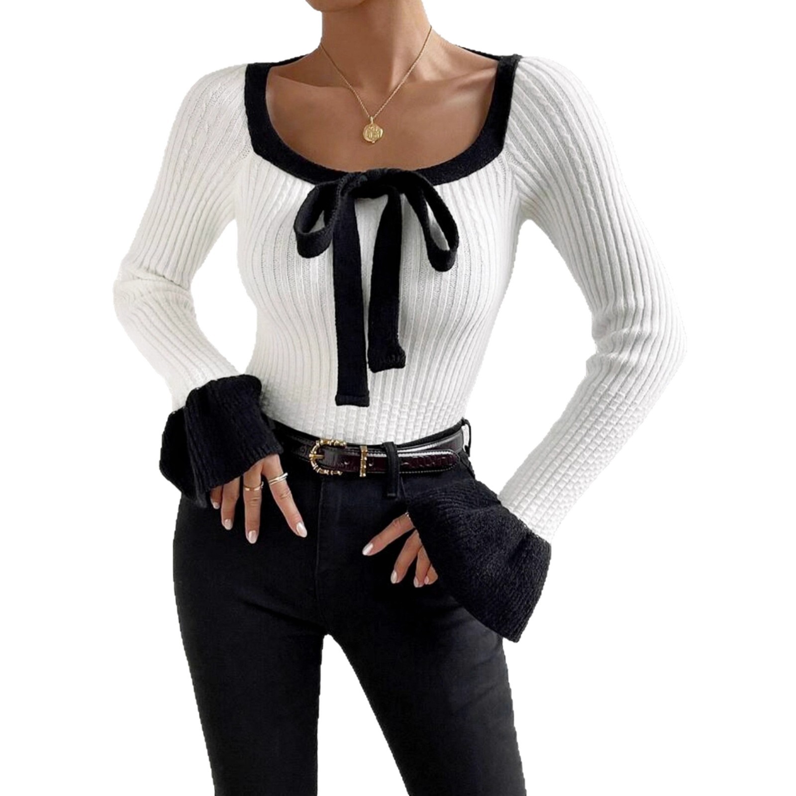 Wholesale Women's Knit Sweater Square Neck Long Sleeve Bow Pullover SSU-00076