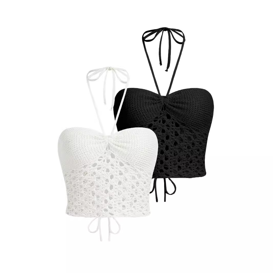 Two-Piece Halter Crop Top Set - White & Black SSU-00002