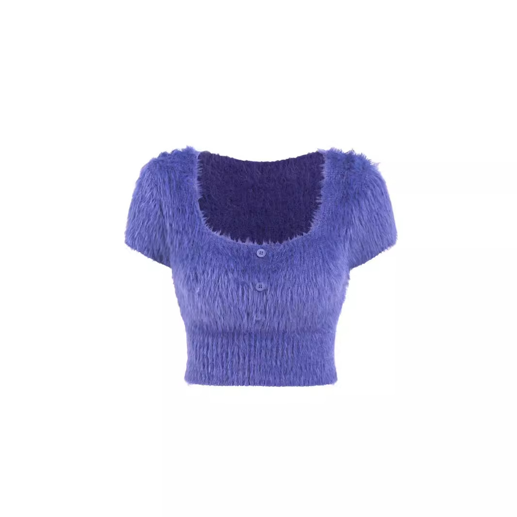 Square Neck Knit Short Sleeve Two-Piece Set (Red+Blue) Summer SSU-00009