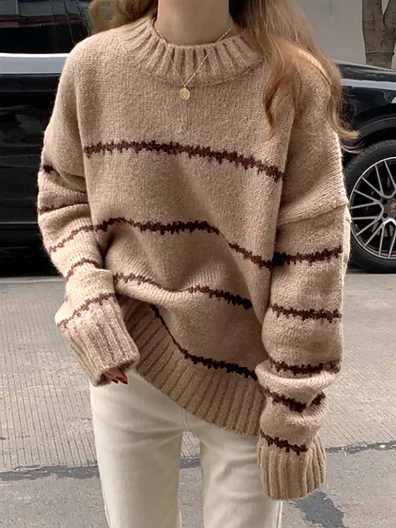 Cotton Knit Sweater Women's Crewneck Long Sleeve Loose Fit Pullover SSU-00118