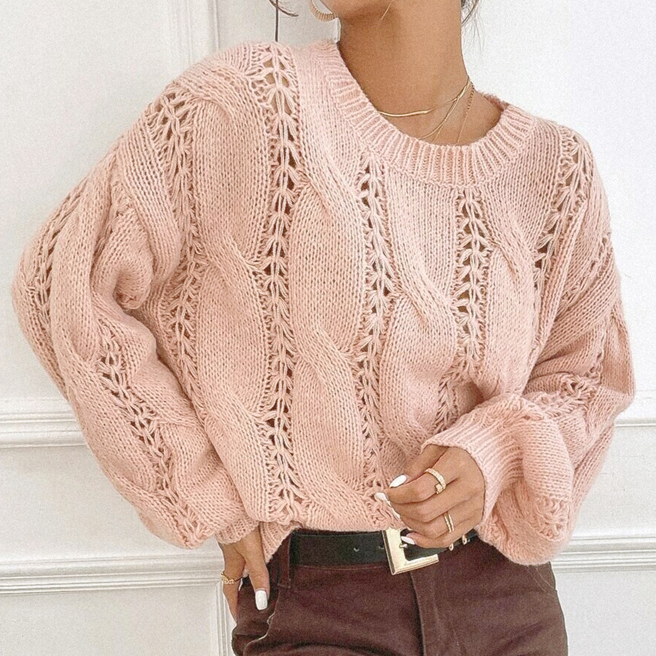 Women's Knit Sweater Long Sleeve Hollow Out Pullover Top SSU-00002