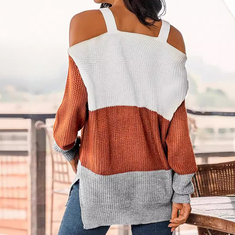 Women's Striped Off-Shoulder Sweater Long Sleeve Pullover SSU-00108