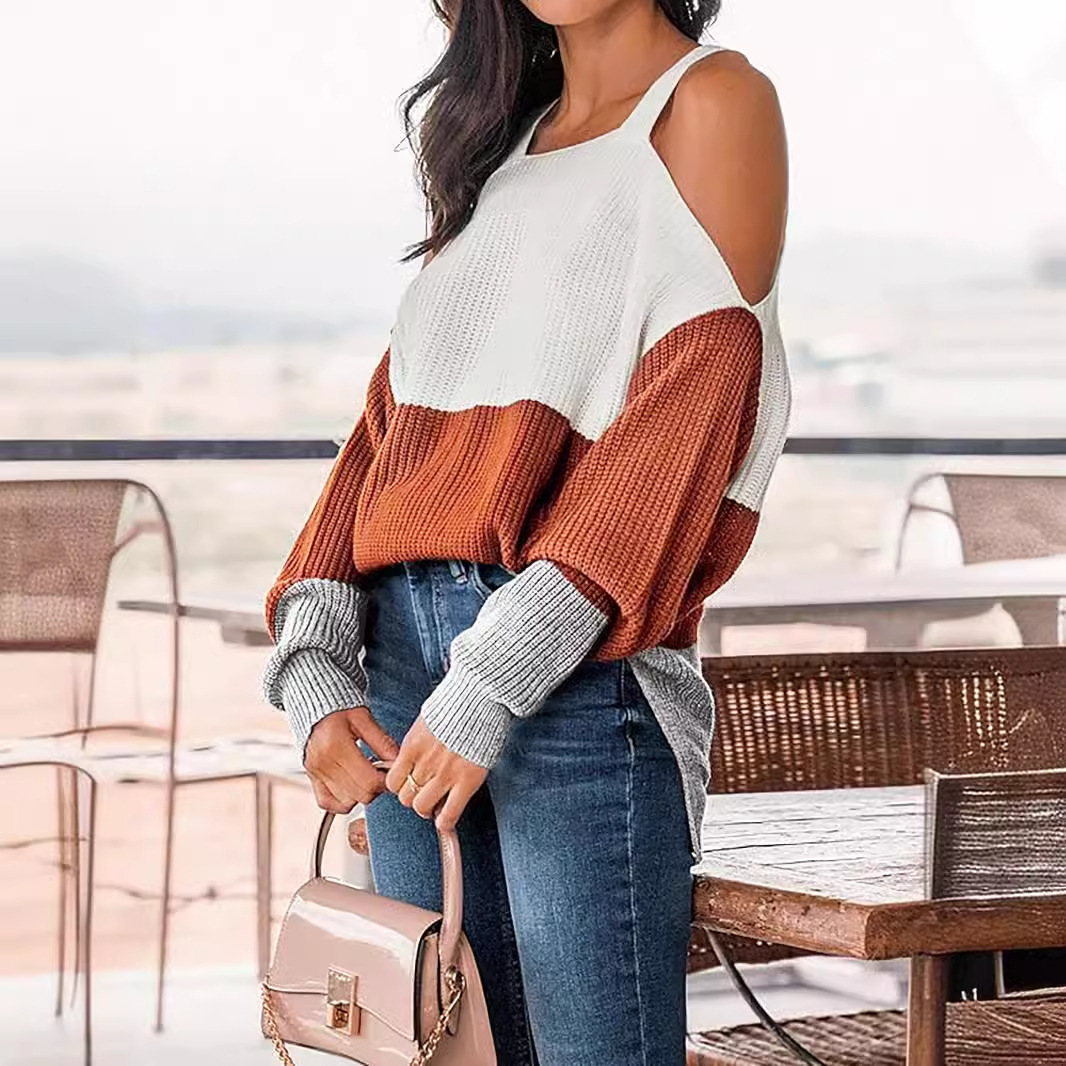 Women's Striped Off-Shoulder Sweater Long Sleeve Pullover SSU-00108