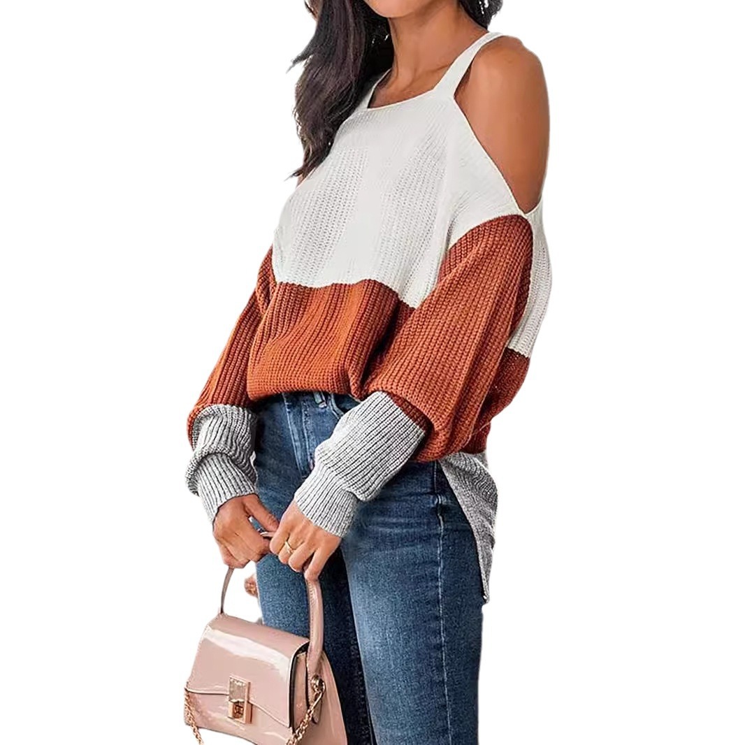 Women's Striped Off-Shoulder Sweater Long Sleeve Pullover SSU-00108