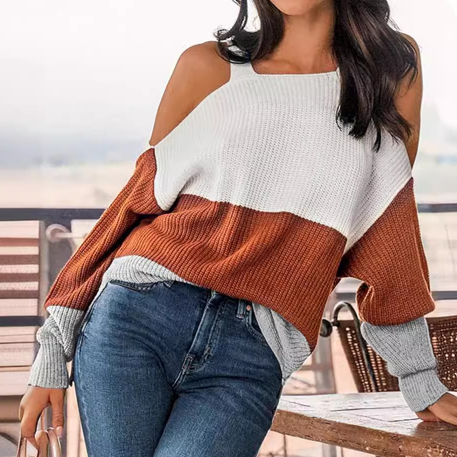 Women's Striped Off-Shoulder Sweater Long Sleeve Pullover SSU-00108