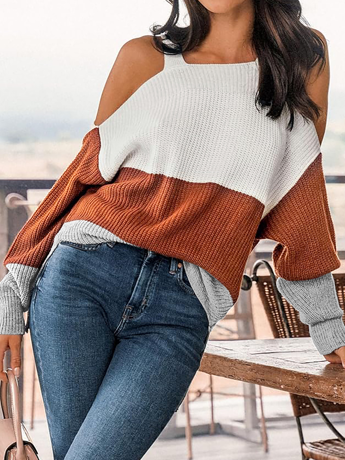 Women's Striped Off-Shoulder Sweater Long Sleeve Pullover SSU-00108