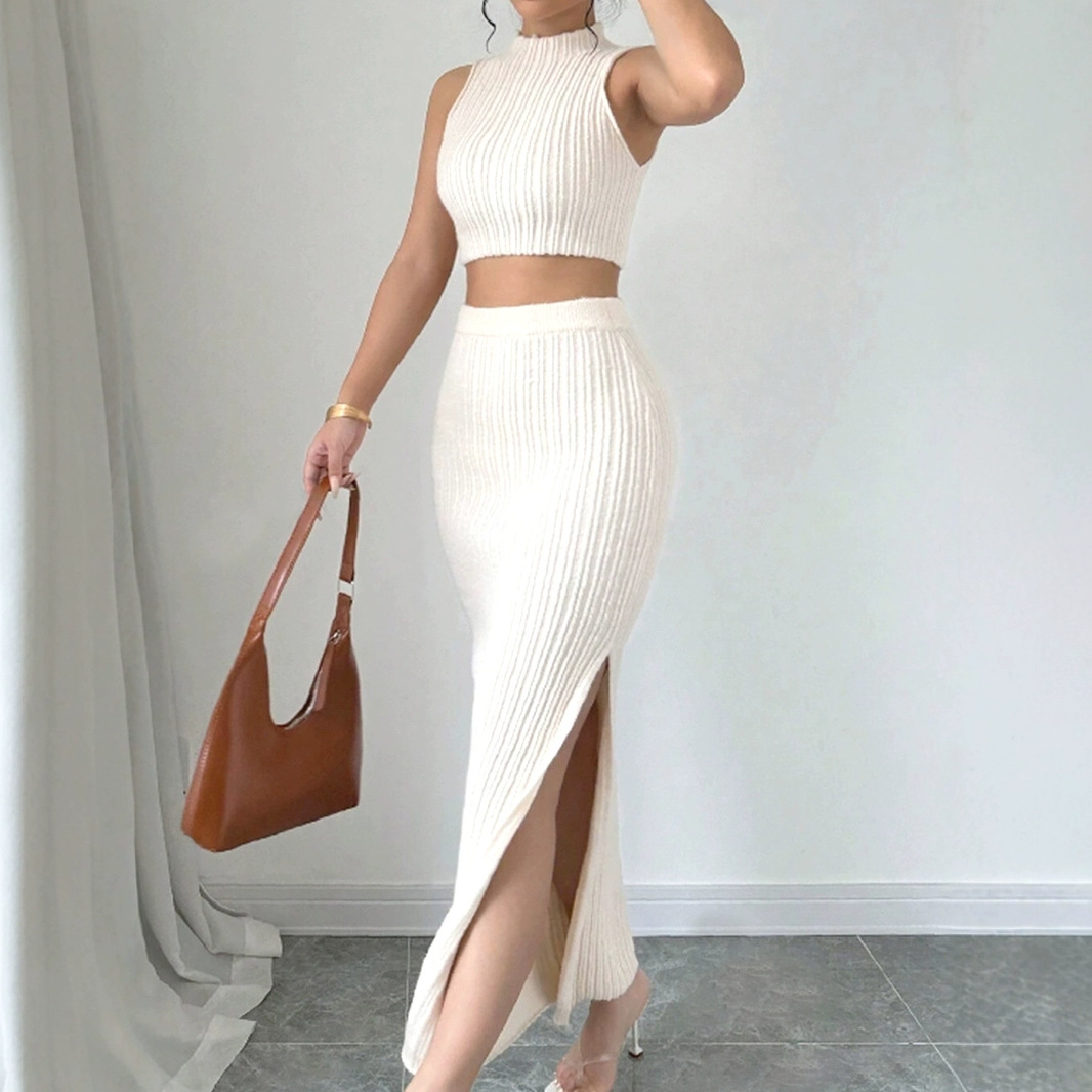 Knit Sweater Vest + Slit Skirt Set - European & American Style SSU-00009