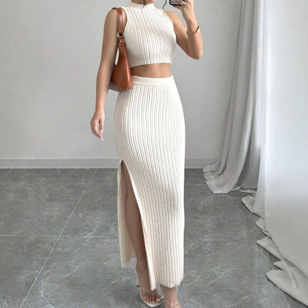 Knit Sweater Vest + Slit Skirt Set - European & American Style SSU-00009