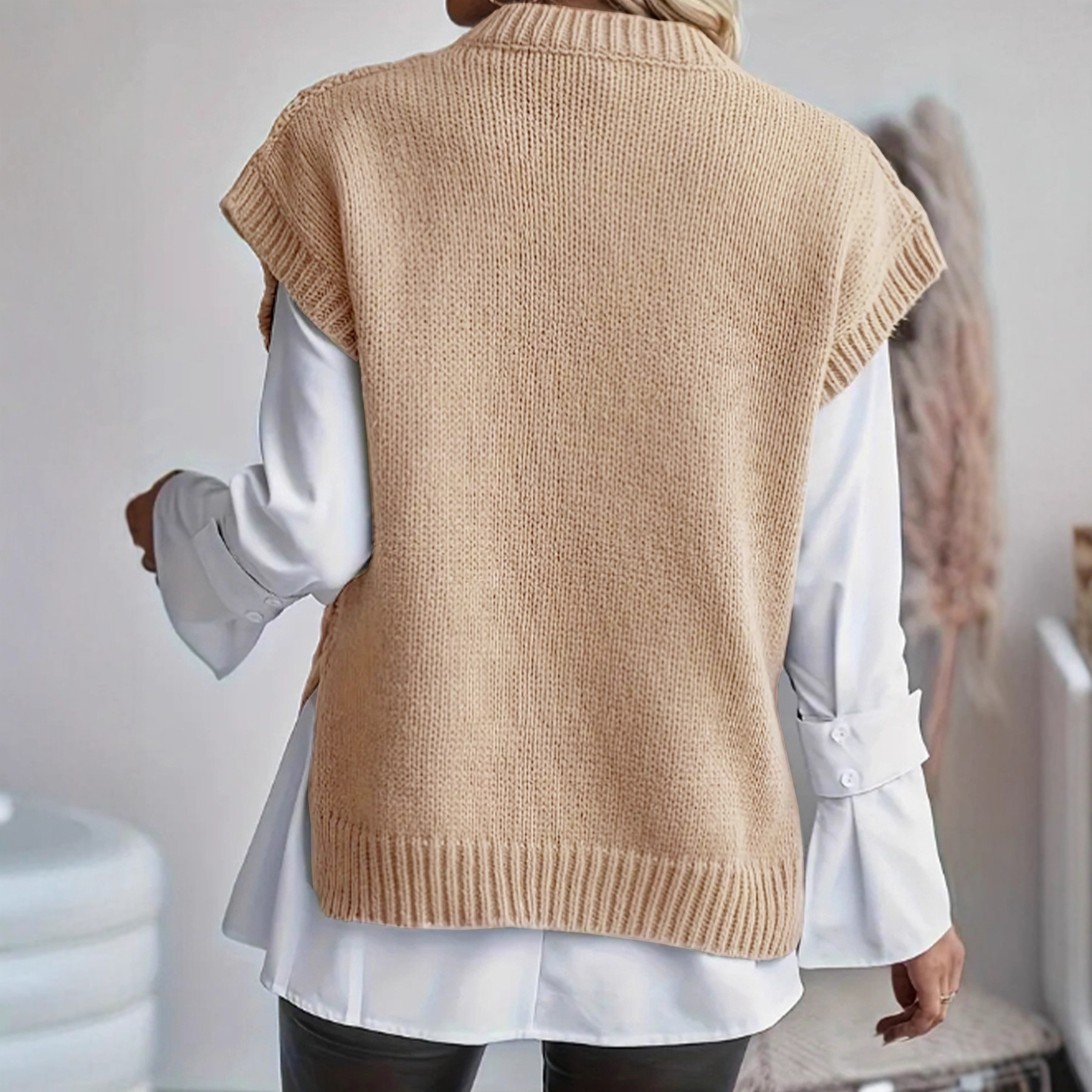 Knit Vest Women Cable Knit Sleeveless Tank Top Crewneck SSU-00037