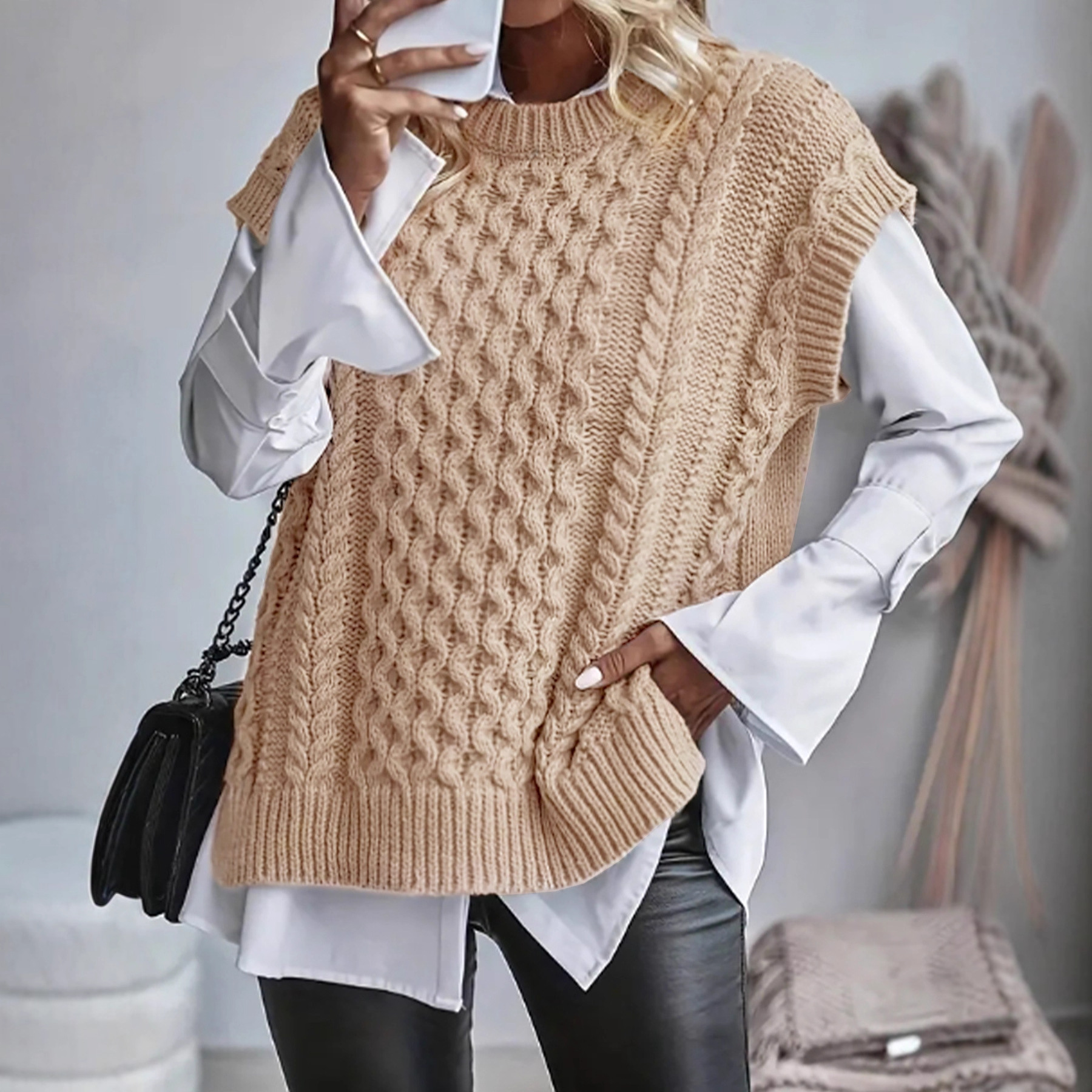 Knit Vest Women Cable Knit Sleeveless Tank Top Crewneck SSU-00037