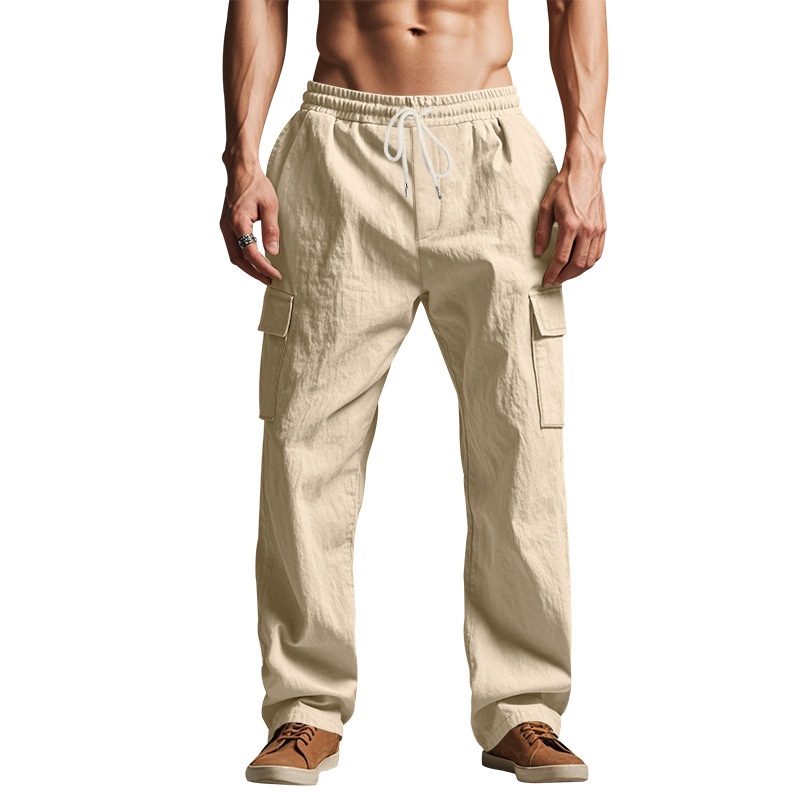 Men's Linen Cargo Pants - Drawstring Beach Trousers