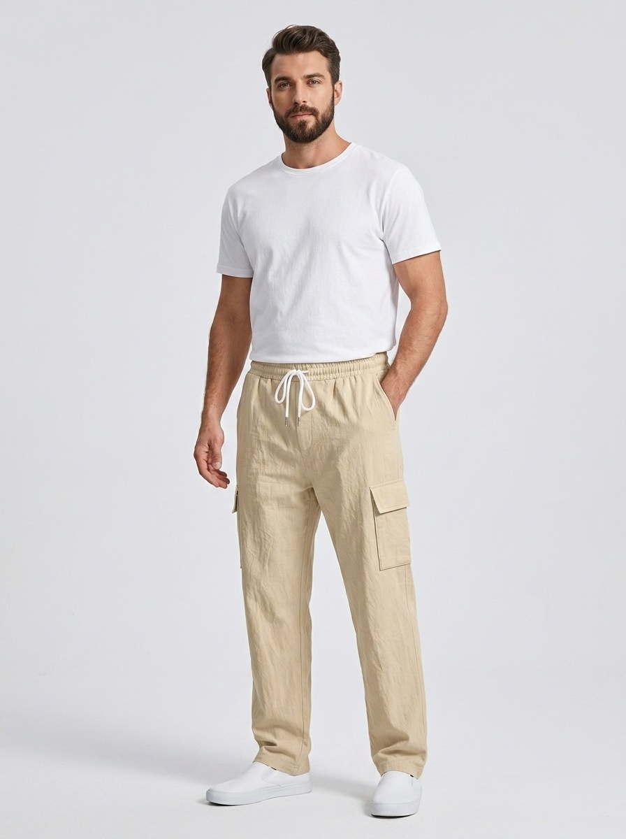 Men's Linen Cargo Pants - Drawstring Beach Trousers