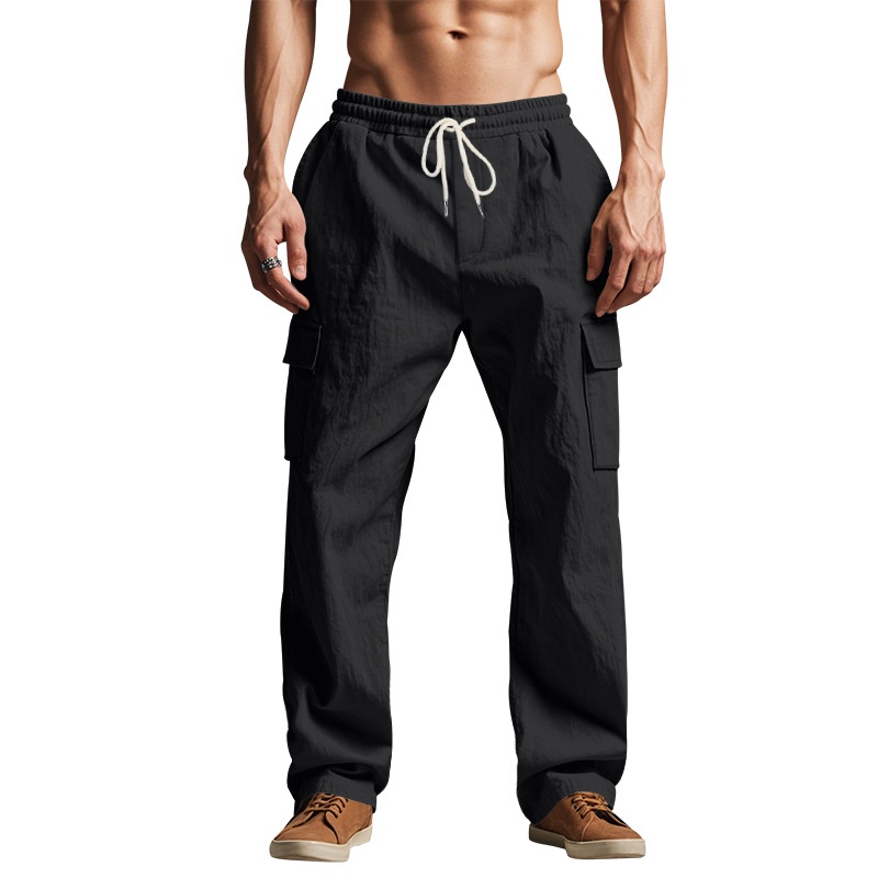 Men's Linen Cargo Pants - Drawstring Beach Trousers