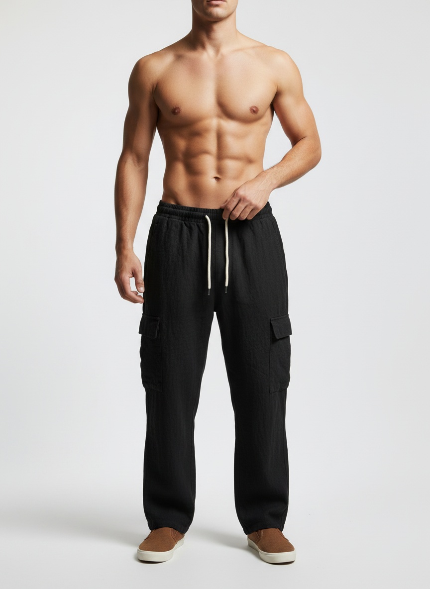 Men's Linen Cargo Pants - Drawstring Beach Trousers