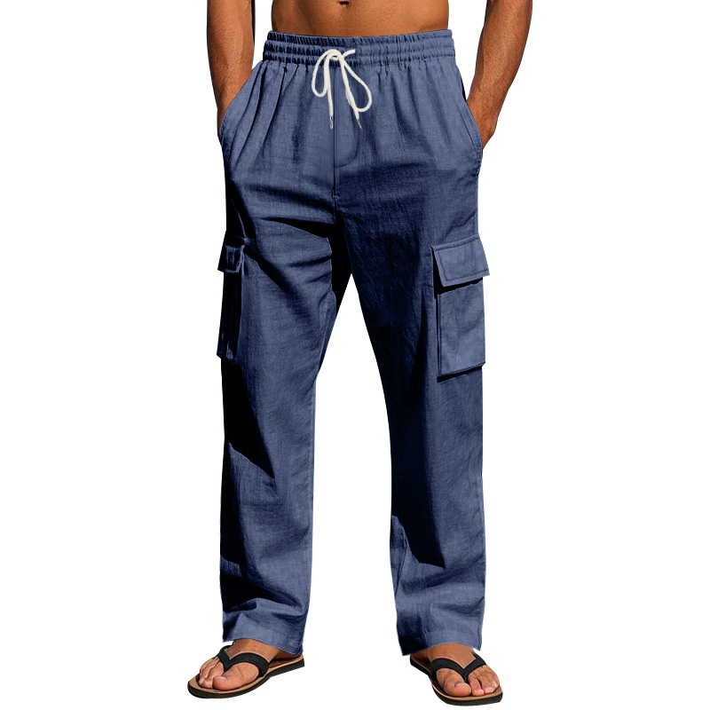 Men's Linen Cargo Pants - Drawstring Beach Trousers