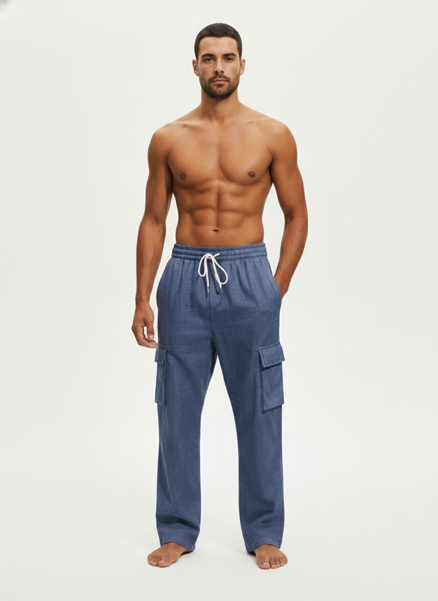 Men's Linen Cargo Pants - Drawstring Beach Trousers
