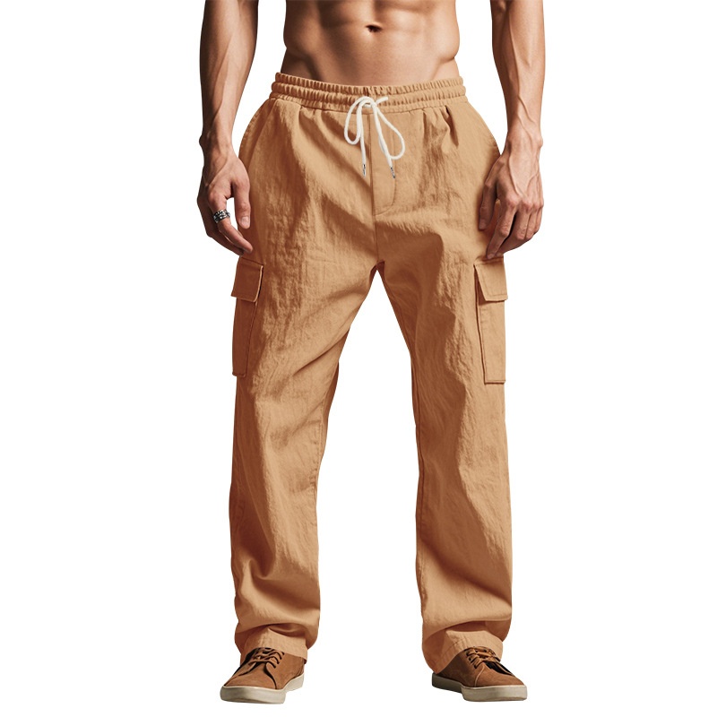 Men's Linen Cargo Pants - Drawstring Beach Trousers