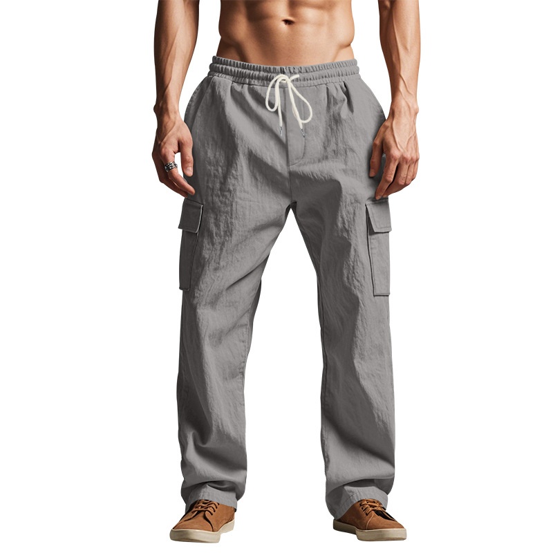 Men's Linen Cargo Pants - Drawstring Beach Trousers