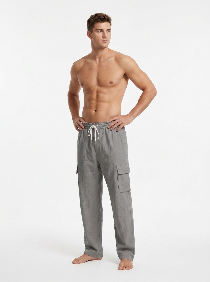Men's Linen Cargo Pants - Drawstring Beach Trousers