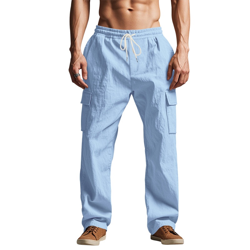 Men's Linen Cargo Pants - Drawstring Beach Trousers