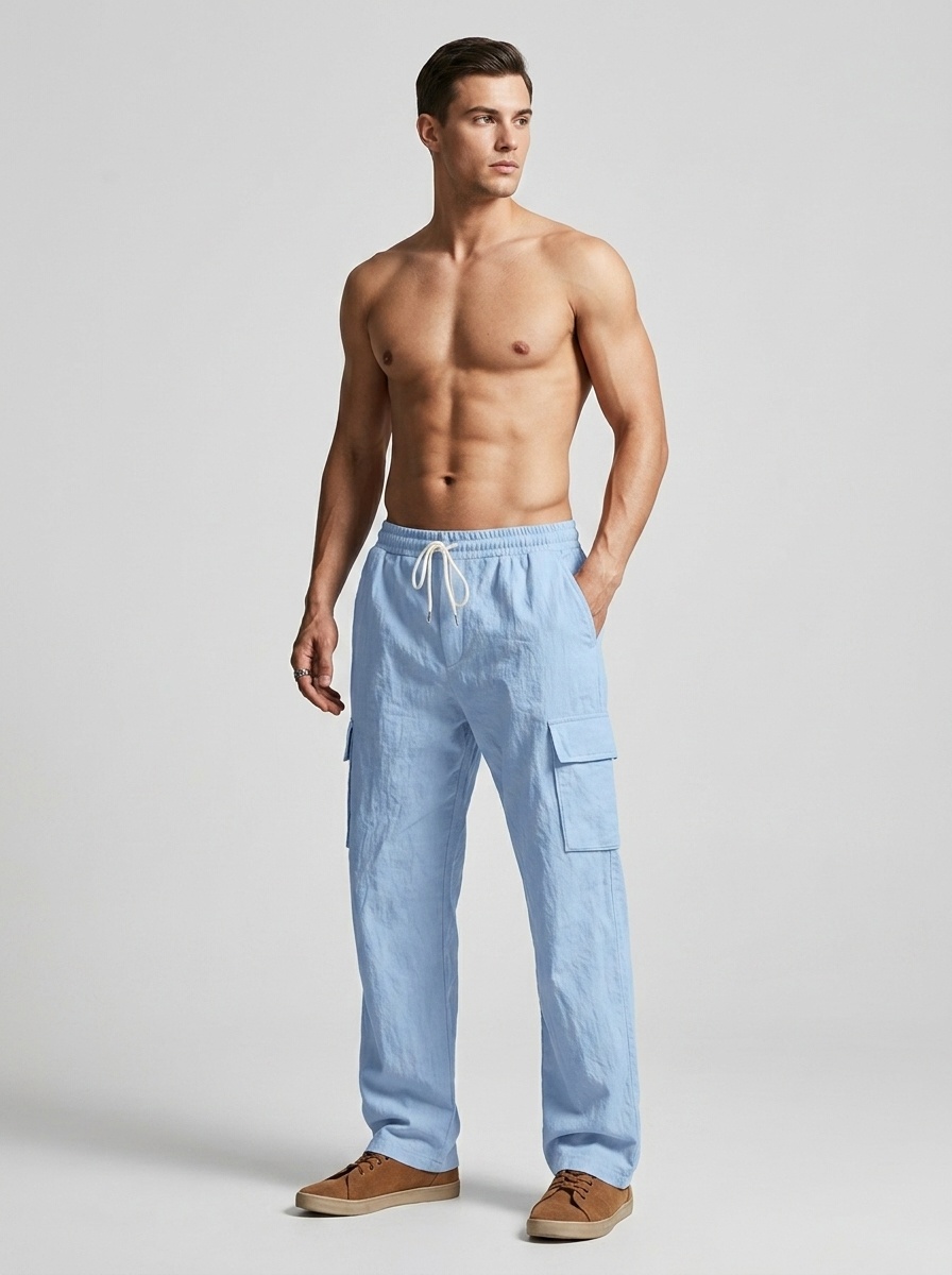 Men's Linen Cargo Pants - Drawstring Beach Trousers