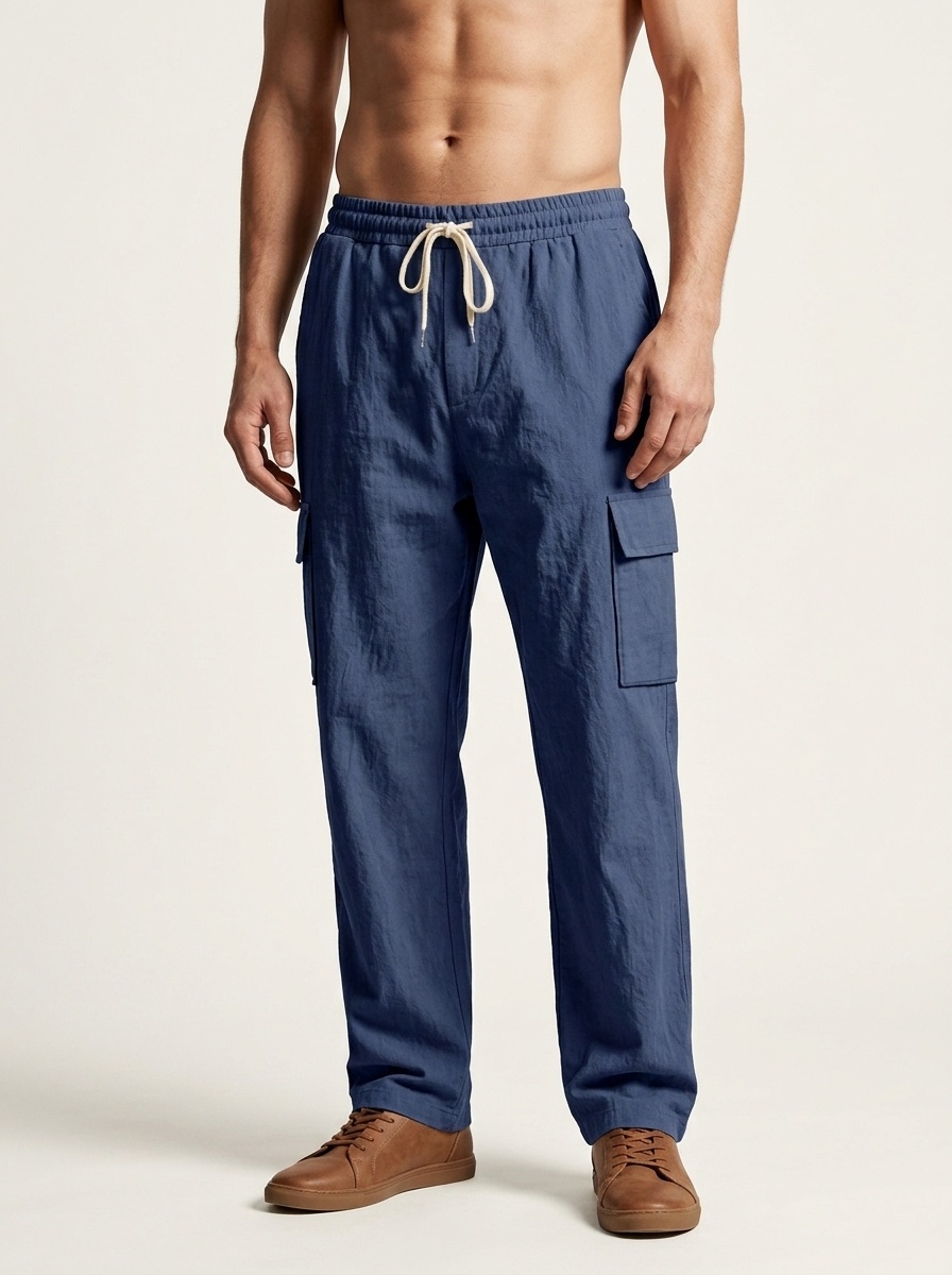 Men's Linen Cargo Pants - Drawstring Beach Trousers