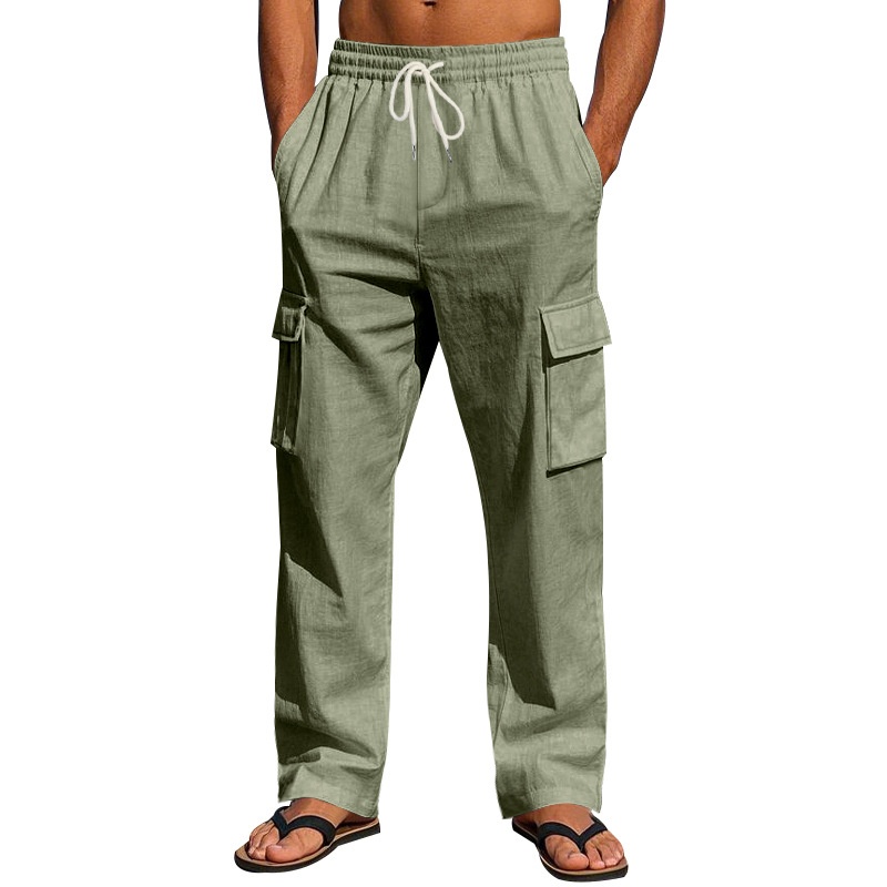 Men's Linen Cargo Pants - Drawstring Beach Trousers