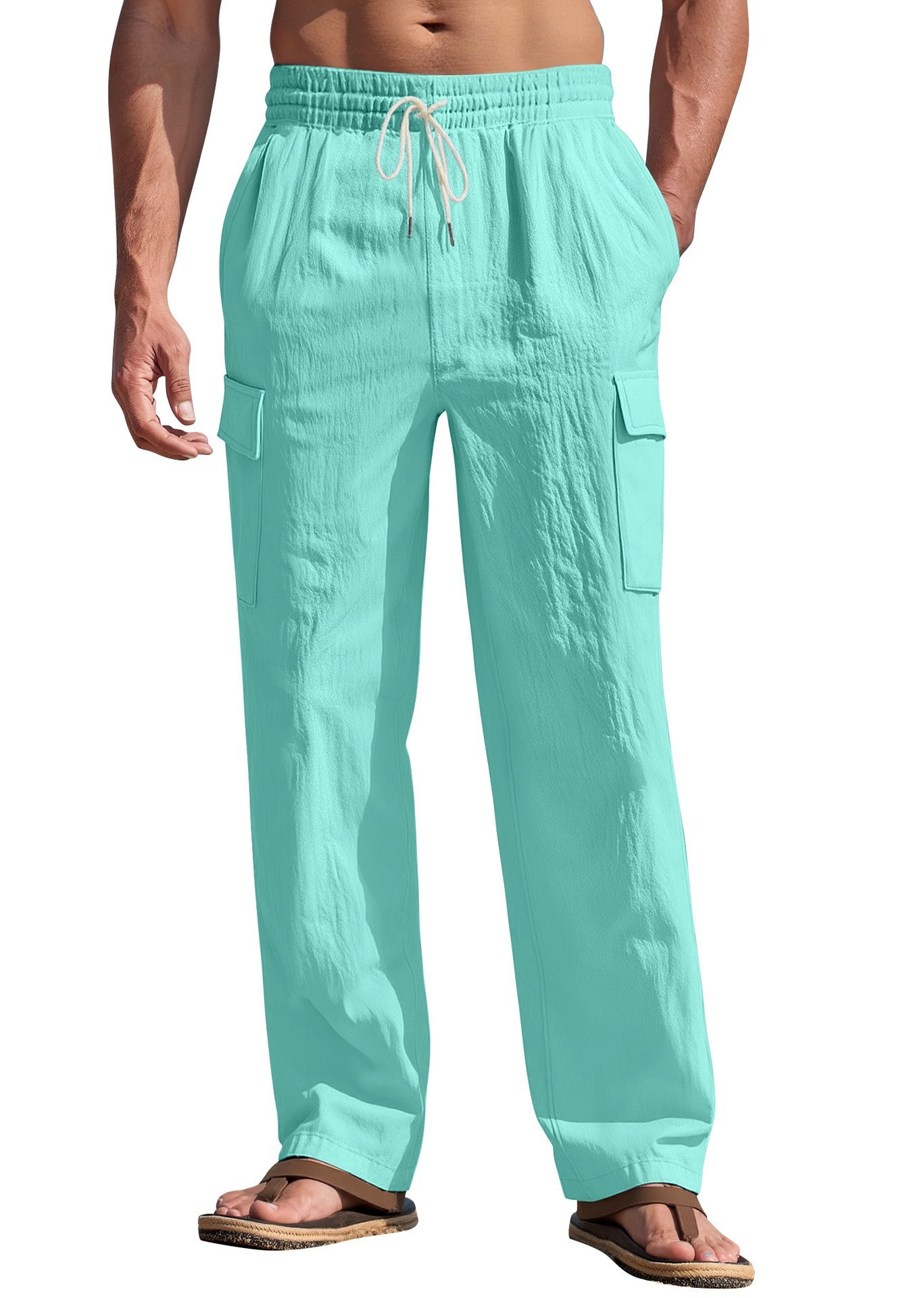 Men's Linen Cargo Pants - Drawstring Beach Trousers