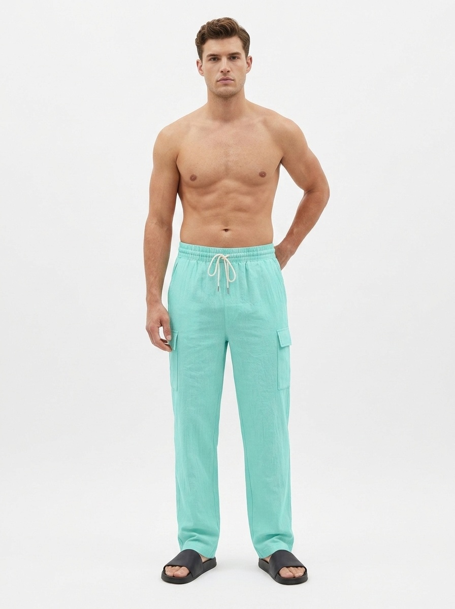 Men's Linen Cargo Pants - Drawstring Beach Trousers