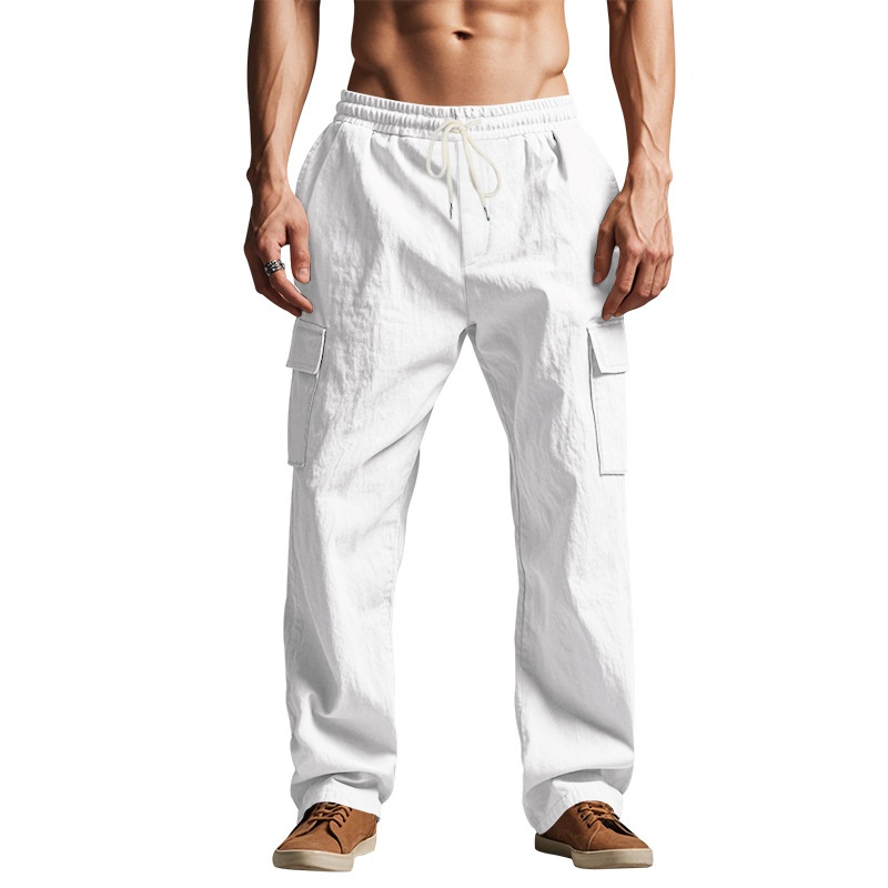Men's Linen Cargo Pants - Drawstring Beach Trousers