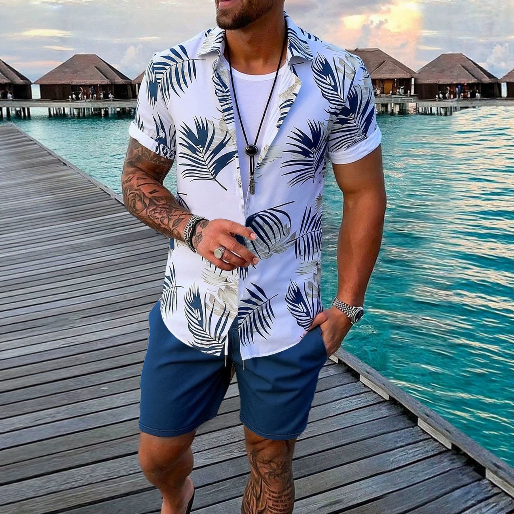 Men's Hawaiian Shirt & Shorts Set - Beach Vacation Outfit