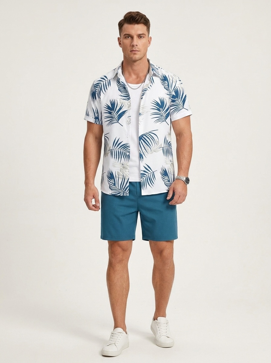 Men's Hawaiian Shirt & Shorts Set - Beach Vacation Outfit