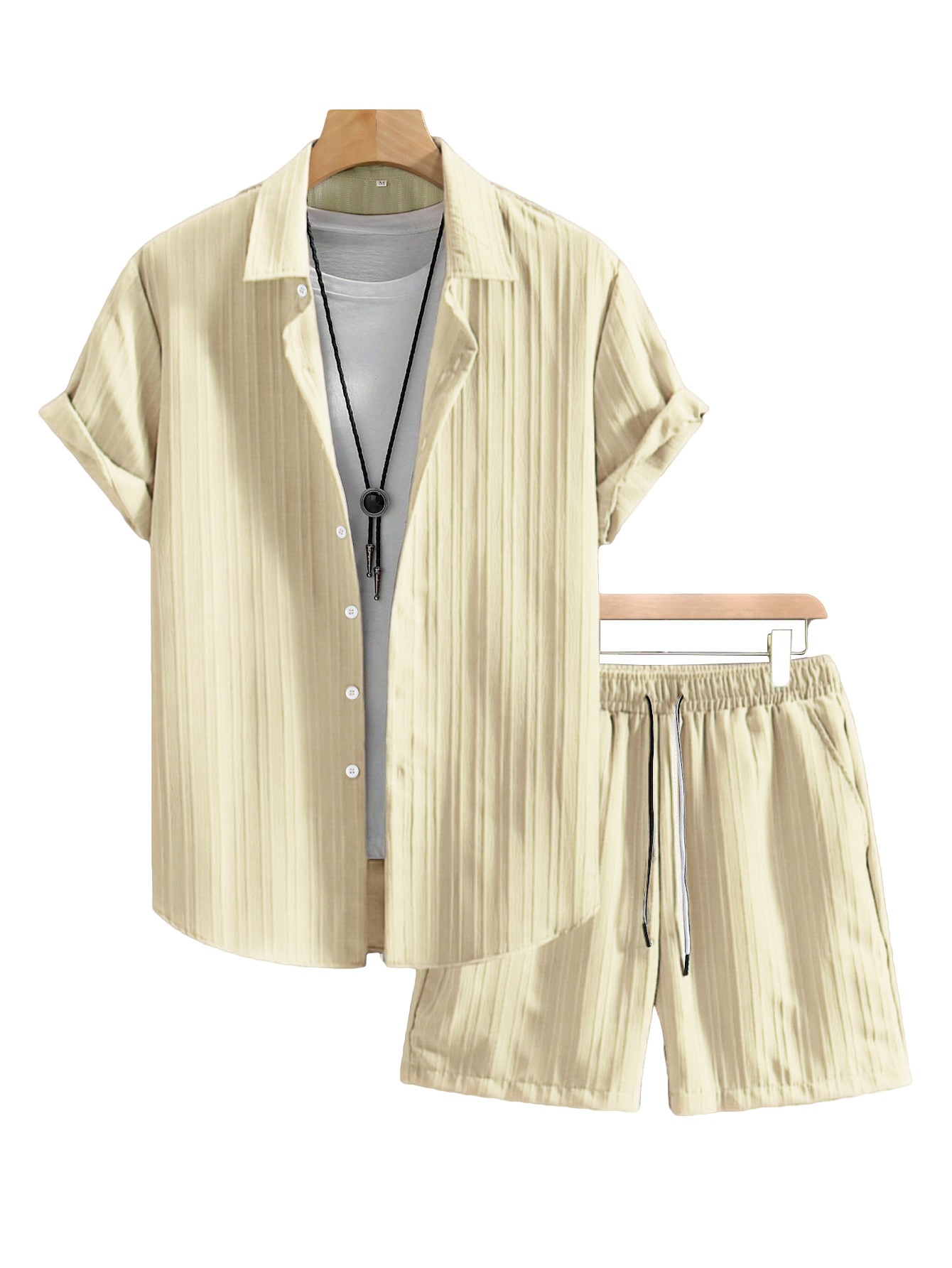 Men's Casual Ribbed Shirt & Shorts Set - Summer Outfit