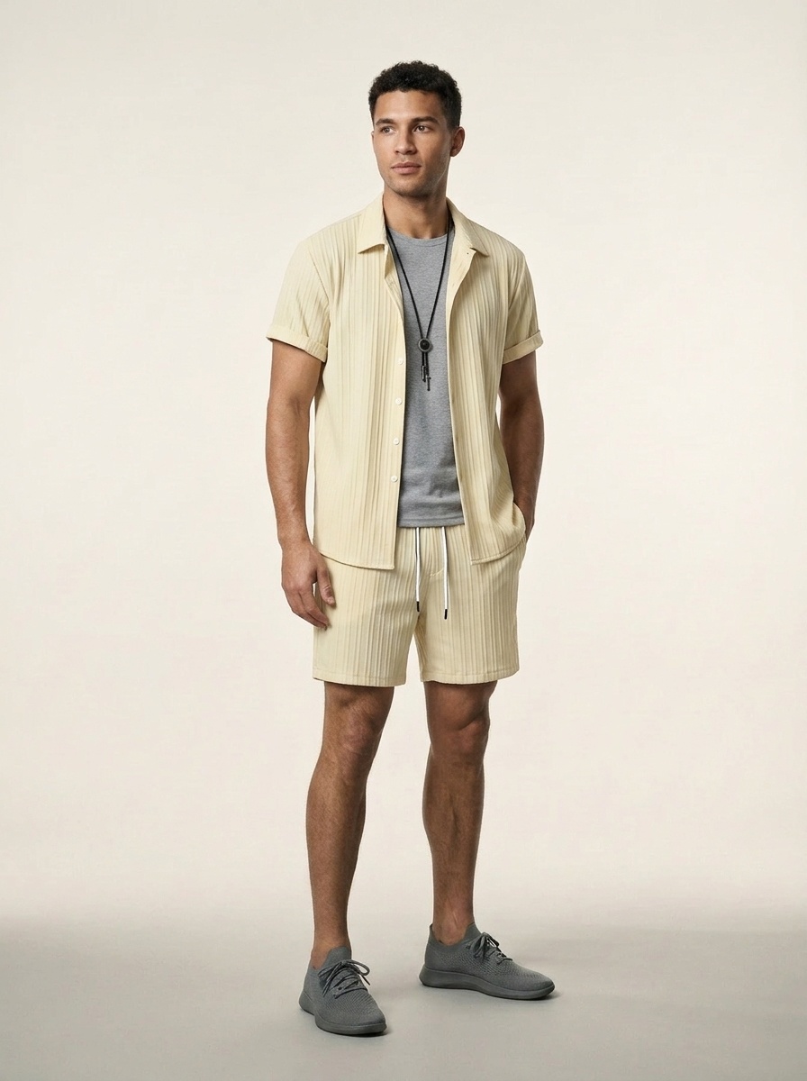 Men's Casual Ribbed Shirt & Shorts Set - Summer Outfit