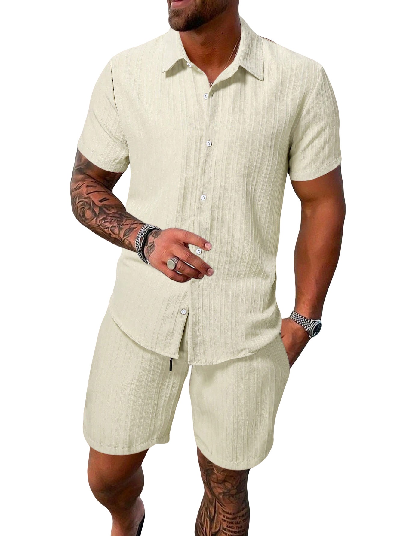 Men's Casual Ribbed Shirt & Shorts Set - Summer Outfit