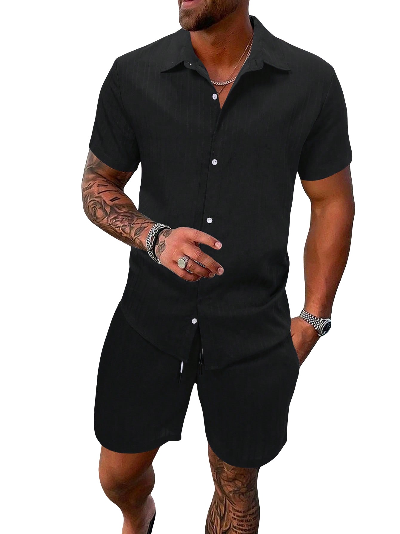 Men's Casual Ribbed Shirt & Shorts Set - Summer Outfit