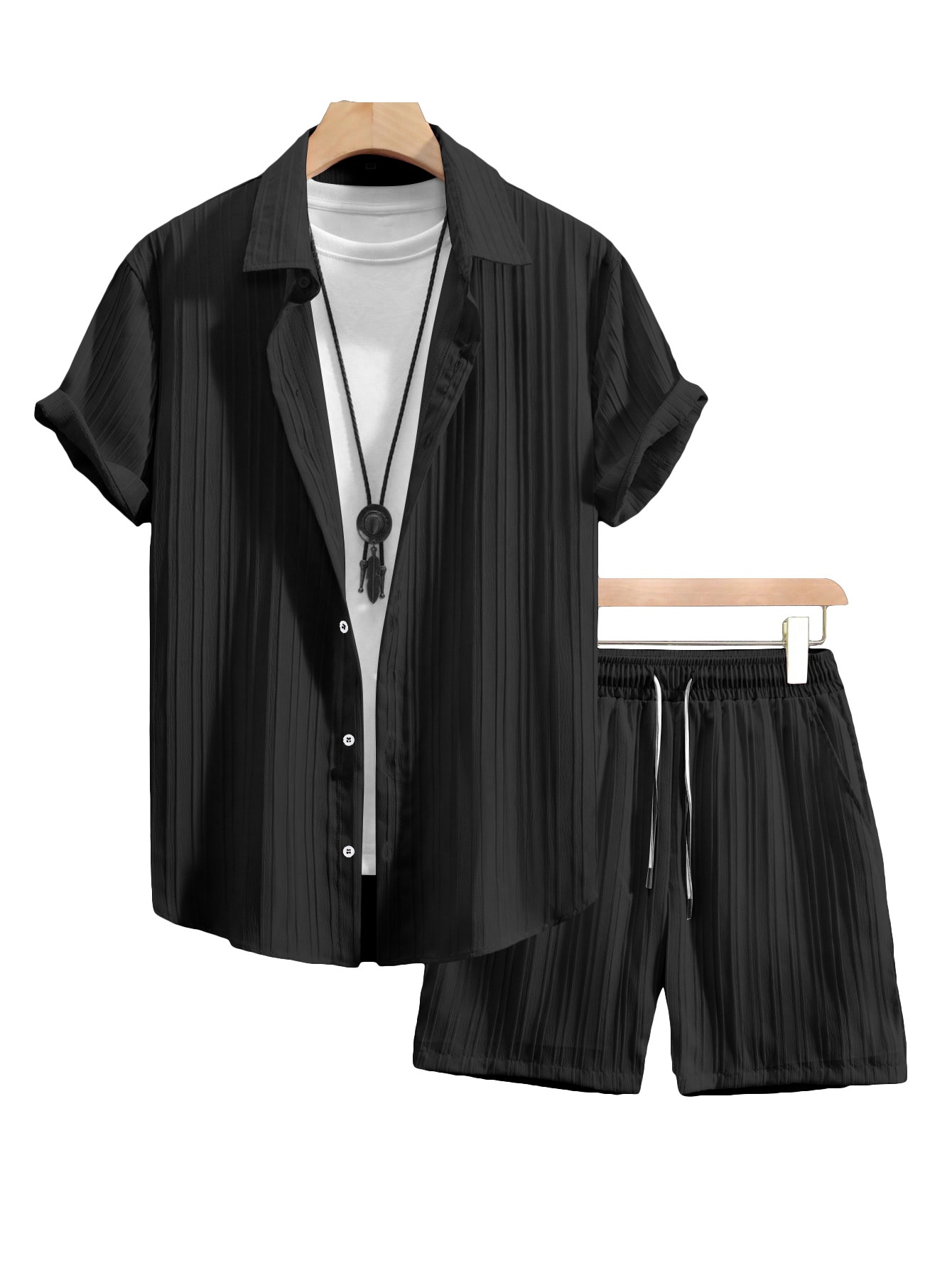 Men's Casual Ribbed Shirt & Shorts Set - Summer Outfit
