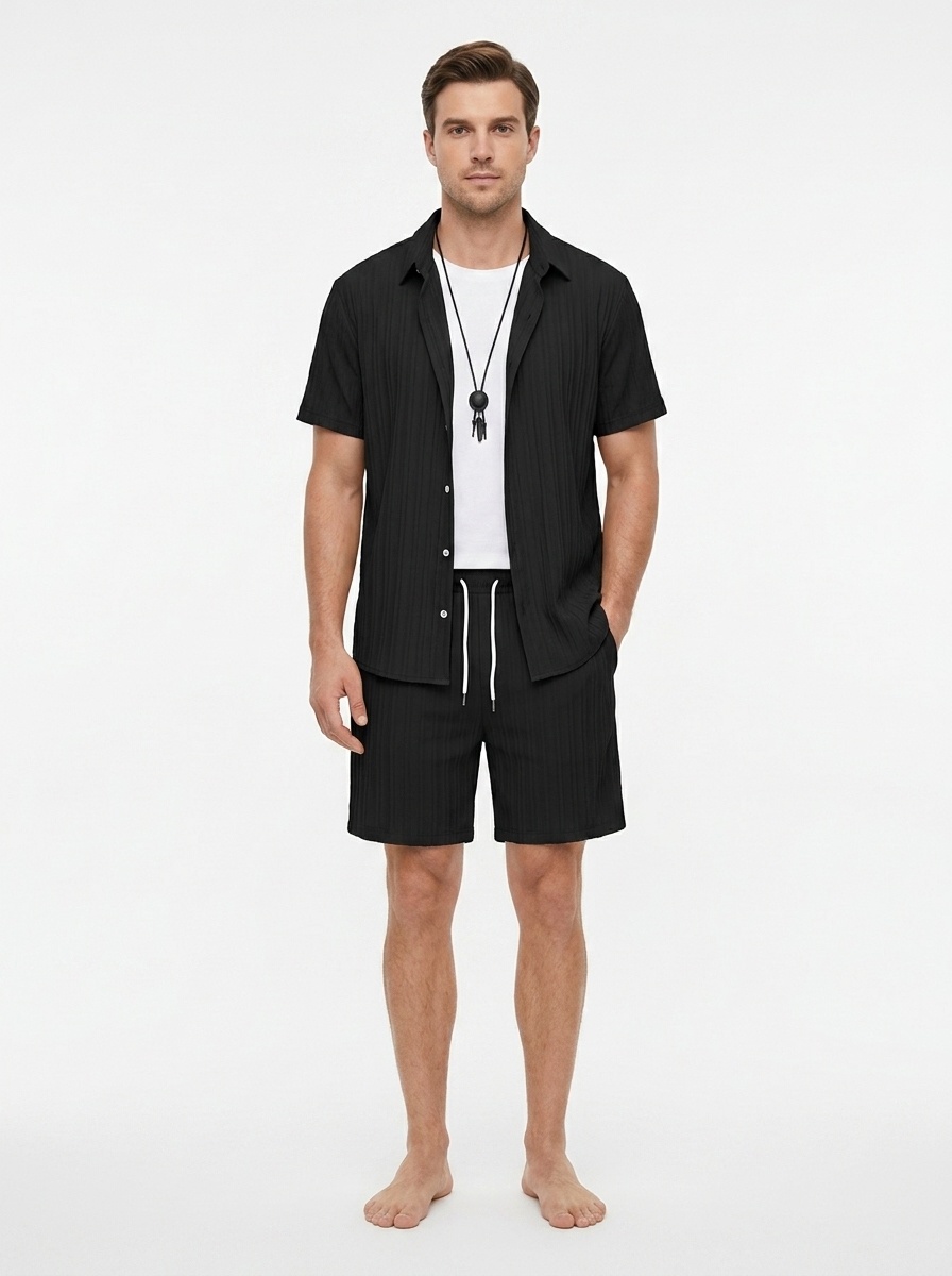 Men's Casual Ribbed Shirt & Shorts Set - Summer Outfit