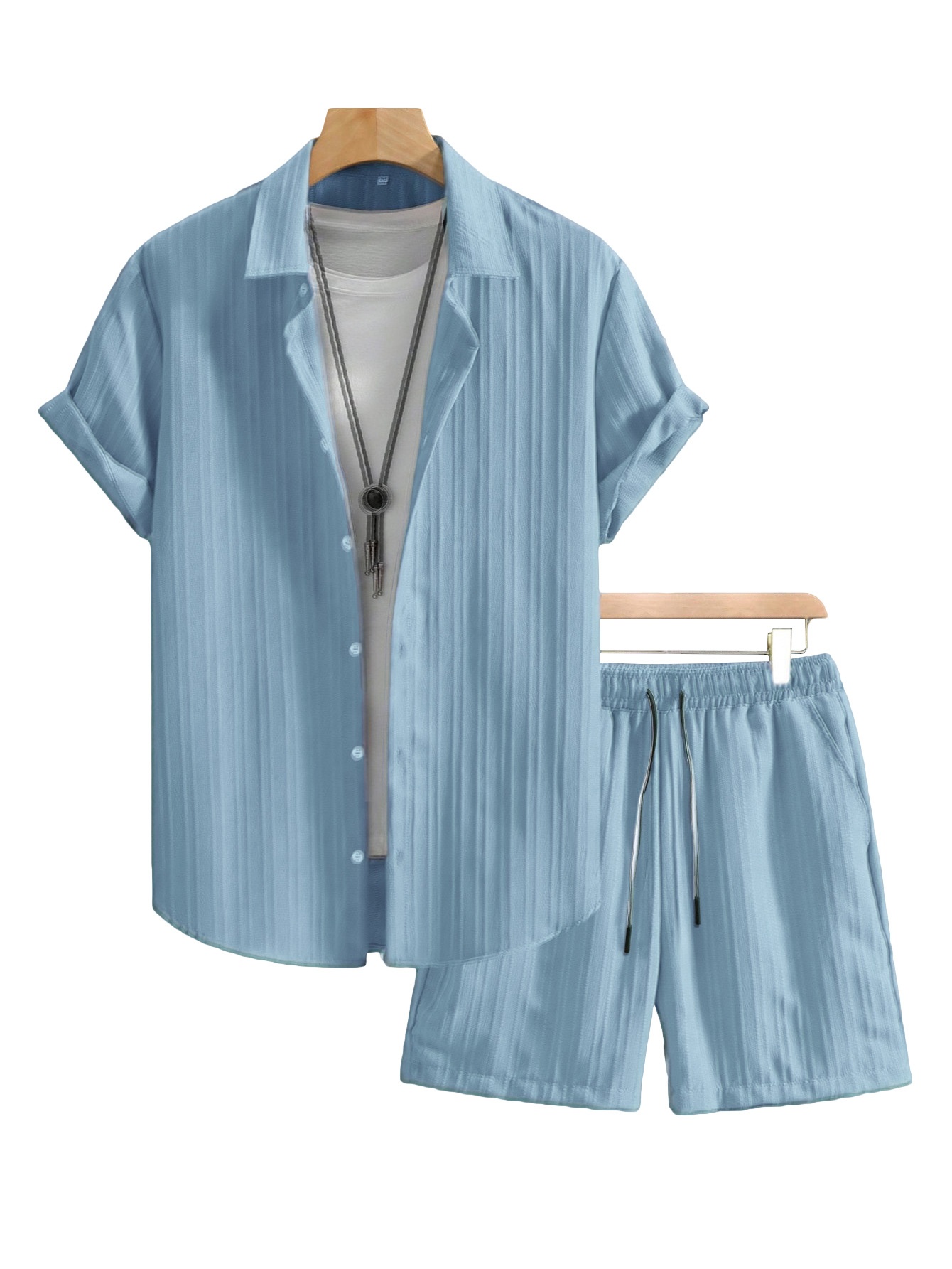 Men's Casual Ribbed Shirt & Shorts Set - Summer Outfit