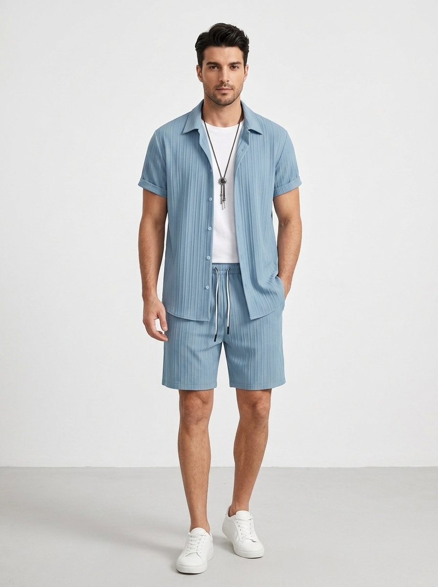 Men's Casual Ribbed Shirt & Shorts Set - Summer Outfit