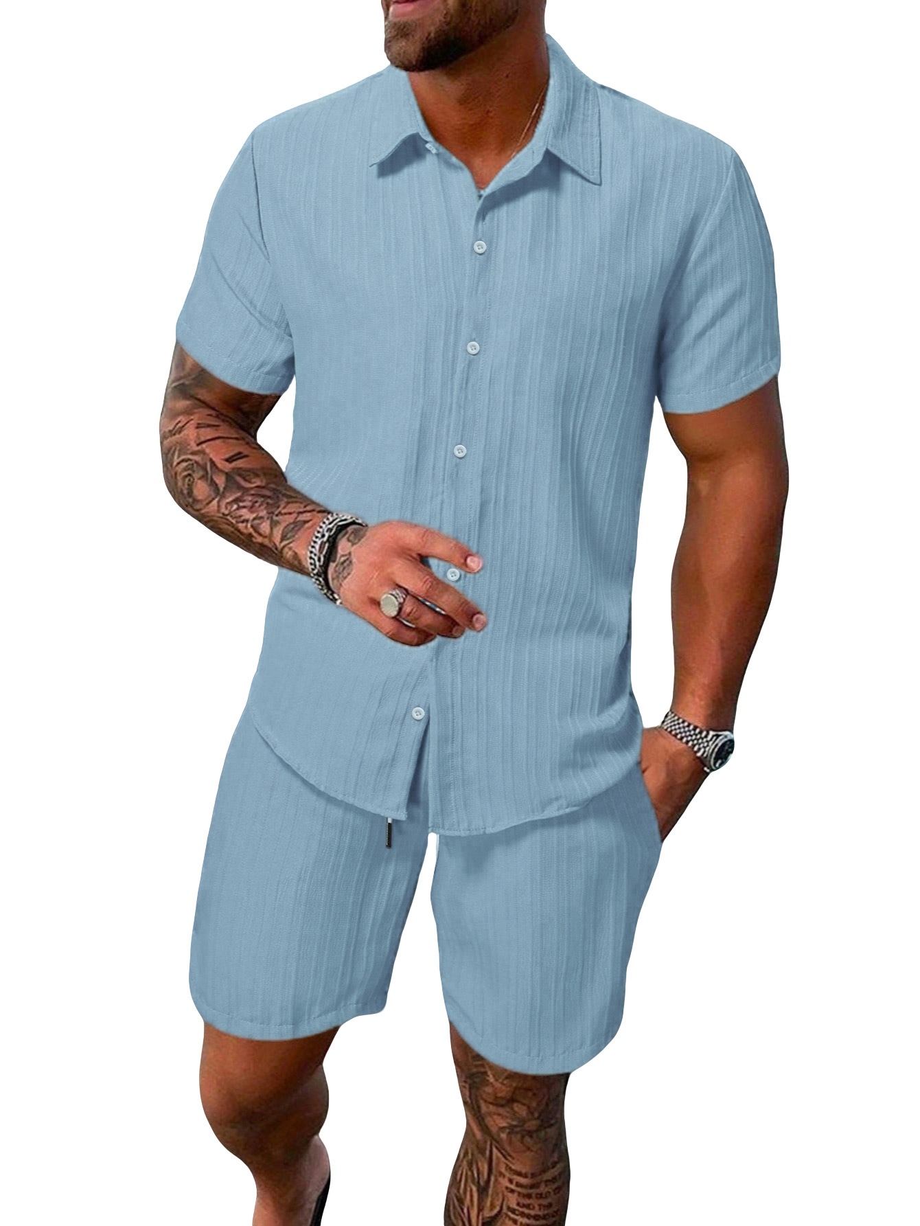 Men's Casual Ribbed Shirt & Shorts Set - Summer Outfit