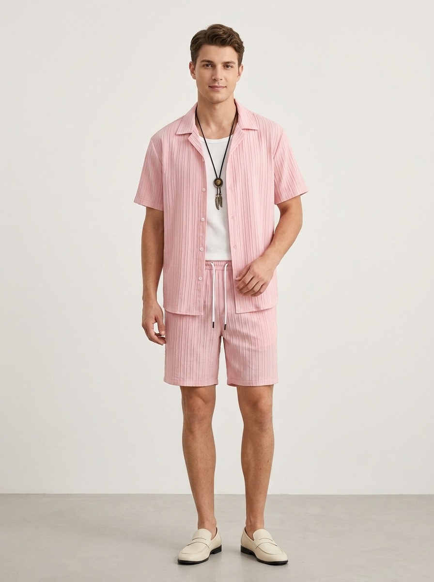 Men's Casual Ribbed Shirt & Shorts Set - Summer Outfit