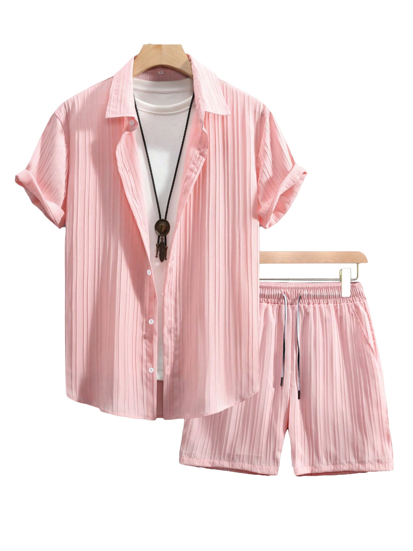 Men's Casual Ribbed Shirt & Shorts Set - Summer Outfit