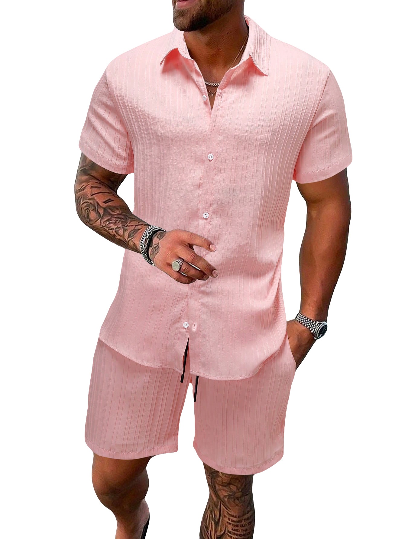 Men's Casual Ribbed Shirt & Shorts Set - Summer Outfit