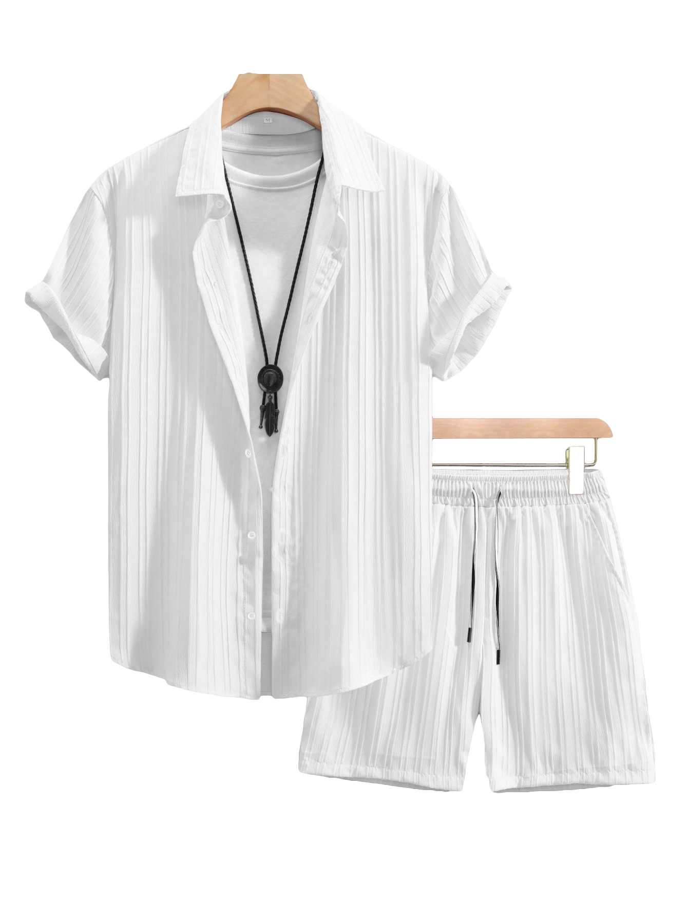 Men's Casual Ribbed Shirt & Shorts Set - Summer Outfit