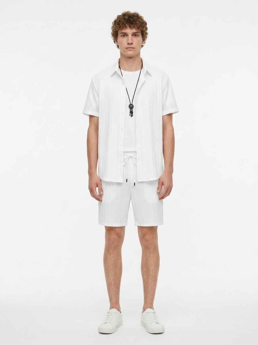 Men's Casual Ribbed Shirt & Shorts Set - Summer Outfit