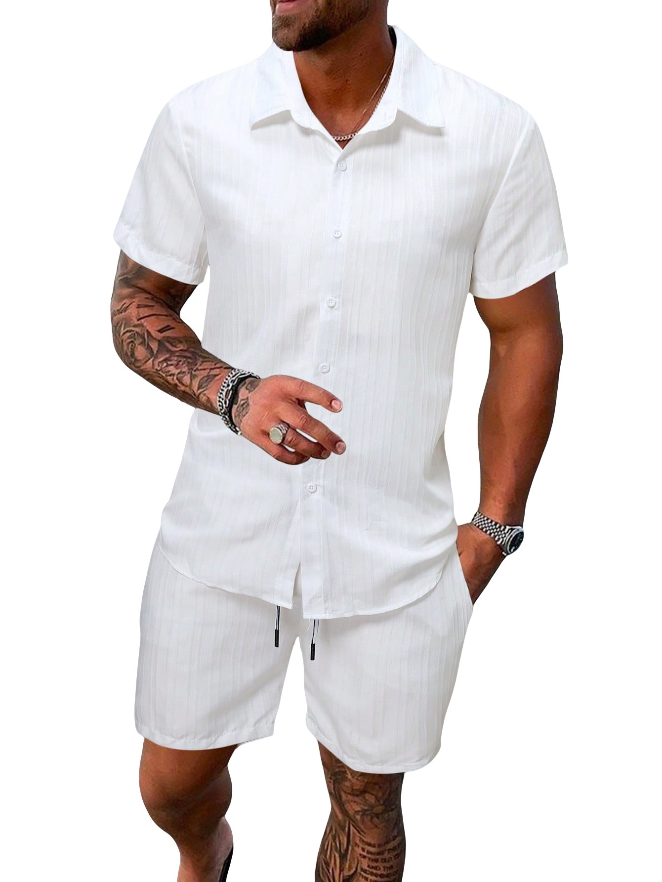 Men's Casual Ribbed Shirt & Shorts Set - Summer Outfit