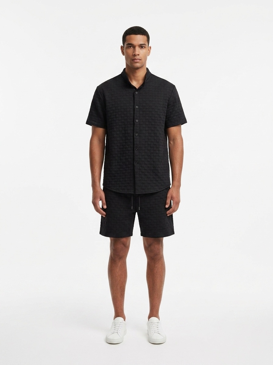 Men's Textured Checkered Shirt & Shorts Set - Casual Summer