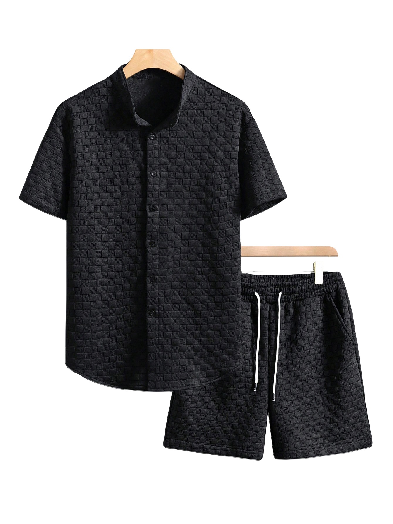 Men's Textured Checkered Shirt & Shorts Set - Casual Summer